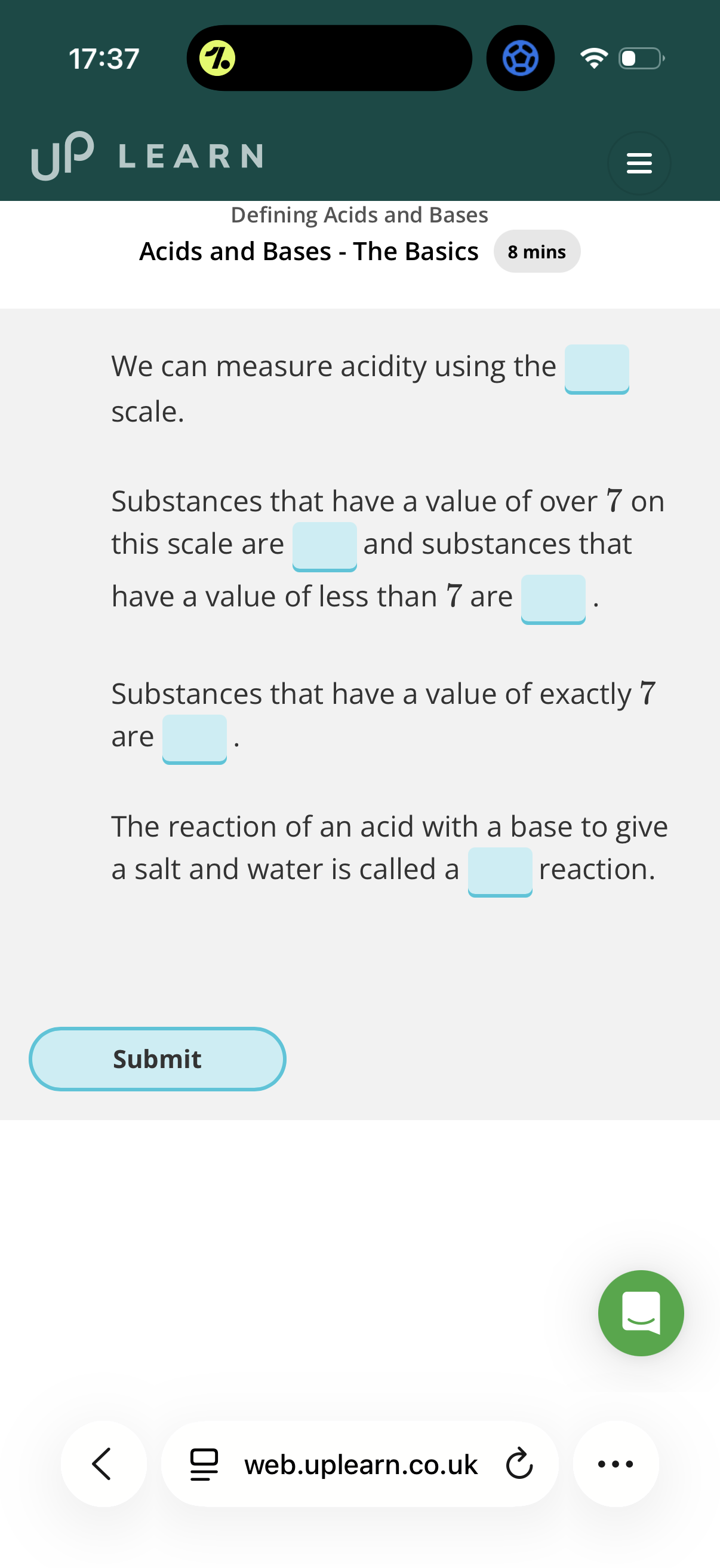 <ol><li><p>The pH scale measure…</p></li></ol><p>•Alkali’s are soluble …2?</p><p>Info: pH7= …3?. Below pH7 is…4? And above 7 is …5?.</p><p>•<span>An acid reacts with a base to form…6? (Acid + base → salt + water) → The products of the reaction are closer to pH 7 so we call it a …7? Reaction.</span></p><ol start="8"><li><p><span>What experimental technique can we use to carry out neutralisation reactions to find the concentrations of acids and bases?</span></p></li><li><p><span>What are the 3 types of base?</span></p></li><li><p><span>What is the reaction between metal hydroxides and acids?</span></p></li><li><p><span>What is the reaction between Metal oxides and acids?</span></p></li><li><p><span>What is the reaction between metal carbonates and acids?</span></p></li><li><p><span>An acid reacts with a metal to form…</span></p></li></ol><p>(acid + metal → salt + hydrogen)</p>