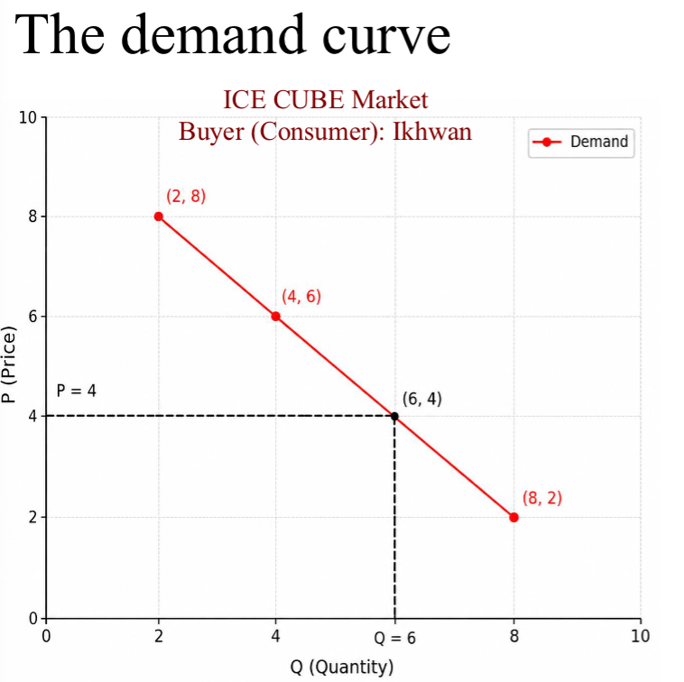 <p>The demand curve: <span style="font-size: calc(var(--scale-factor)*23.79px);">What does each point on the demand</span><br><span style="font-size: calc(var(--scale-factor)*23.81px);">curve (e.g., (6, 4)) represent?; the demand curve illustrates the (2 words)</span></p>