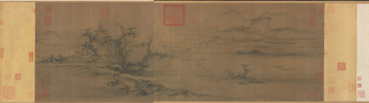 <p>A handscroll that evokes the mood of a mid-autumn evening before one of man leaves for retirement. Mist-filled expanse, painted in ink washes, conveys a mood of desolation and expansion. Leveled landscape, with empty spaces, in contrast to the monumental landscapes – invites our imagination to fill in the negative spaces. Transforming to the Southern Song one-corner landscape art. Emphasizing emotional aspect of the moment. See Ping Foong’s article for more detailed reading and interpretation of this painting.</p>
