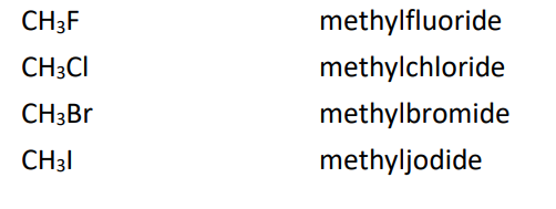 <ul><li><p>radicaal + functionele klassenaam halogenide (fluoride, chloride, bromide, jodide)</p></li><li><p>voorbeelden: methylfluoride, methylchloride, methylbromide, methyljodide</p></li></ul><p></p>