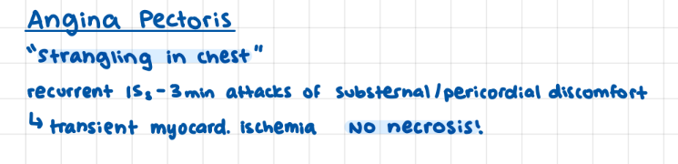 <p>recurrent 15s - 3 min transient ischemic attacks</p><p>substernal/pericardial discomfort</p><p>no necrosis!</p>