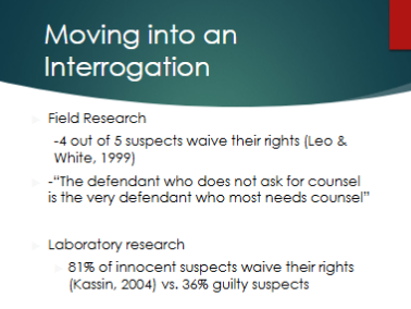 <p>It compares real-world (“field”) research and controlled (“lab”) research showing how often suspects <strong>waive Miranda rights</strong>, including how frequently <strong>innocent people waive</strong>.</p><p></p>