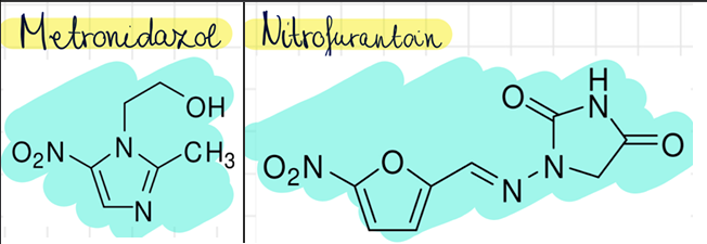 <p>nitrofurantoin <br>metronidazol (Klion)</p>