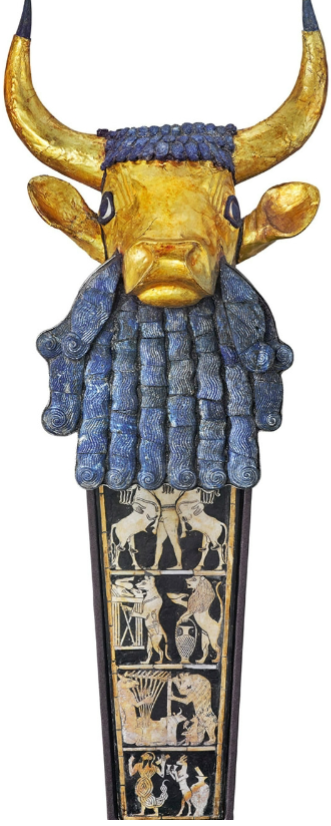 <p><span style="background-color: transparent;">3.13 Great Lyre with bearded bull’s head, from Tomb 789, Royal Tombs of Ur (Tell el-</span></p><p><span style="background-color: transparent;">Muqayyar, Iraq), Early Dynastic IIIA period, 2550–2400 BCE. Wood, gold, silver, lapis</span></p><p><span style="background-color: transparent;">lazuli, shell, and bitumen, length 15¾ in. (40 cm), width 9⅞ in.(25 cm), depth 7½ in.</span></p><p><span style="background-color: transparent;">(19 cm). University of Pennsylvania Museum of Archaeology and Anthropology, Philadelphia.</span></p>