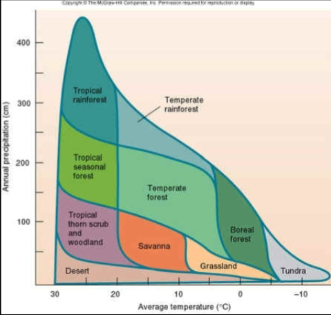 <p>A large geographical area that is categorized by the animal life, plant life, and climate. There are 8-14 types of biomes the location of which is influenced by the latitude and precipitation</p>