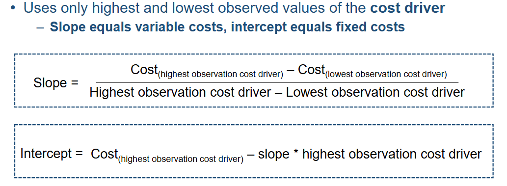 <ol><li><p>Variable kosten : Slope </p></li><li><p>Vaste kosten : Intercept </p></li></ol><p></p>