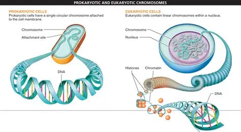 <ol><li><p>Eukaryotic cells contain histone proteins, which serve to keep DNA untangled and allows for tight/efficient packaging. Chromosome is made of protein and chromatin.</p></li><li><p>Prokaryotic cells divide by fission; eukaryotic cells divide by mitosis.</p></li></ol><p></p>