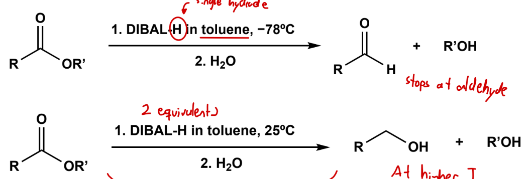 <p>in toluene, -78 C to stop at aldehyde, 25 C for full reduction</p>