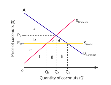 <ol><li><p><span><strong>Before trade</strong>, how much do Scottish firms earn from selling coconuts?</span></p></li><li><p><span><strong>Before trade</strong>, what is the&nbsp;</span></p><p><span>consumer surplus</span></p><p><span>&nbsp;and the&nbsp;</span></p><p><span>producer surplus</span></p><p><span>?</span><br><br><span><strong>After trade</strong>, price decreases from P<sub>E</sub> to … and the quantity of coconuts consumed in Scotland increases from Q<sub>E</sub> to ... , where … are produced domestically and ...&nbsp;are imported.&nbsp;</span><br>&nbsp;</p></li><li><p><span><strong>After trade</strong>, how much do Scottish firms earn from selling coconuts? And how much is spent on imports?</span></p></li><li><p><span><strong>After trade</strong>, what is the consumer surplus and what is the producer surplus?&nbsp;</span></p></li></ol><p></p>