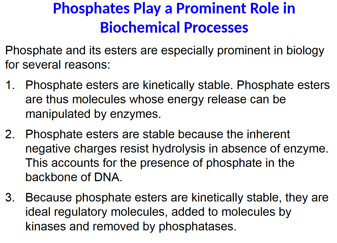 <p>Phosphate and its esters are especially prominent in biology for several reasons:</p><p>1. Phosphate esters are kinetically stable. Phosphate esters are thus molecules whose energy release can be manipulated by enzymes.</p><p>2. Phosphate esters are stable because the inherent negative charges resist hydrolysis in absence of enzyme. This accounts for the presence of phosphate in the backbone of DNA.</p><p>3. Because phosphate esters are kinetically stable, they are ideal regulatory molecules, added to molecules by kinases and removed by phosphatases.</p>