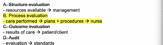 <p>B. Process evaluation </p><ul><li><p>step by step procedure</p></li></ul><p></p>