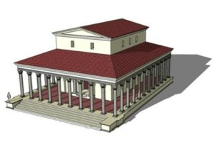 <p>plan kwadratu, kolumnada, owalna budowla w środku</p>