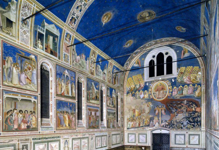 <p>Giotto Enrico Scrovegni offrant sa chapelle aux trois Vierges , détail du Jugement dernier 1303-1306 Fresque Padoue, chapelle Scrovegni - Pré Ren</p>
