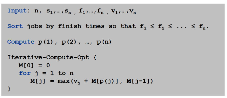 <p>Compute DP table iteratively</p><ul><li><p>Sort jobs by finish time</p></li><li><p>Compute p(j) for each job (last compatible job)</p></li><li><p>Initialize M[0] = 0</p></li><li><p>For j = 1 to n:<br>→ M[j] = max(vj + M[p(j)], M[j-1])</p></li><li><p>Table M[1..n] stores optimal values iteratively</p></li><li><p>Reconstruct solution using take vs skip logic</p></li></ul><p></p>