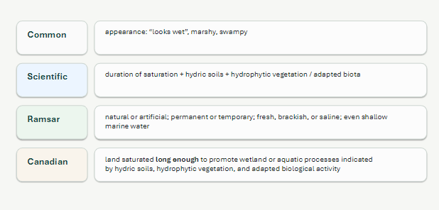 <p>Land that is saturated with water long enough to promote wetland or aquatic processes as indicated by poorly drained soils, hydrophytic vegetation and various kinds of biological activity which are adapted to a wet environment</p>