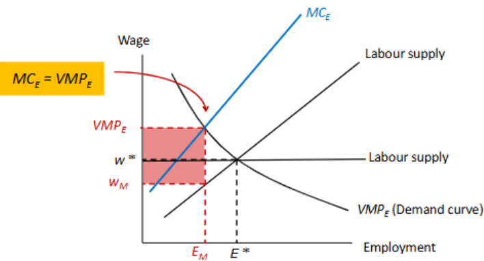 <p>> A firm operating in a monopsony would employ fewer workers and also pay a lower wage, but the value each worker brings in is higher</p><p>> The profit maximisation point is when MCe = VMPe and the profit is VMPe - Wm</p>