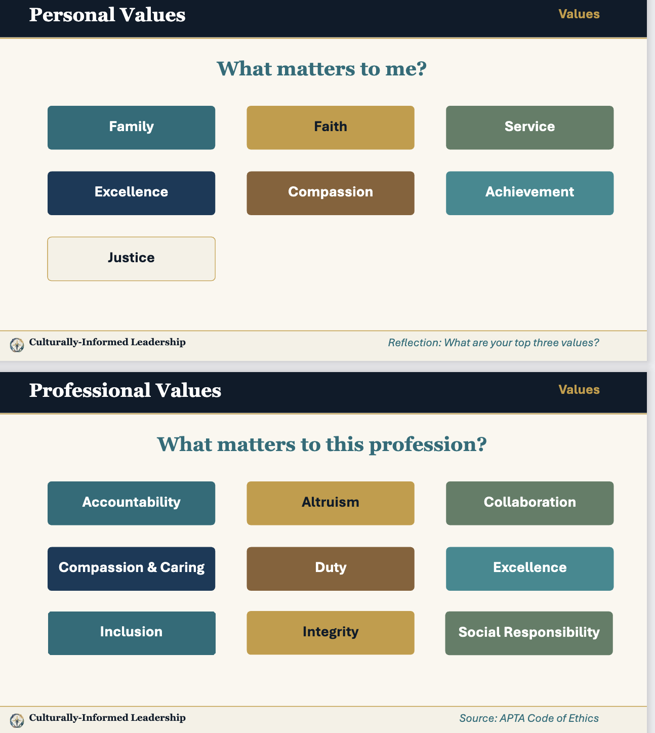 <p>-personal=what matters to me</p><p>-professional=what matters to the profession</p><p>-less rigid than standards</p>