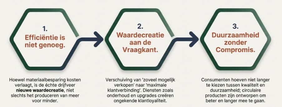 <ul><li><p>efficiëntie niet genoeg</p></li><li><p>waardecreatie aan vraagkant</p></li><li><p>duurzaamheid zonder compromis</p></li></ul><p></p>