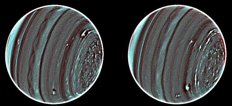 <ul><li><p>broad bands covers latitude range to equator to 10°N</p></li><li><p>scalloped wave pattern due to horizontal wind speed</p></li><li><p>small dark-spot with bright companion </p></li></ul><p></p>