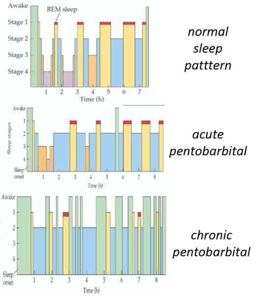 <p>disrupt sleep regulation</p><ul><li><p>initially helpful in getting to sleep</p></li><li><p>but with repeated use, reduction in both REM sleep and deep (slow-wave) sleep - plus harder to get to sleep </p></li></ul><p>(slow wave = stage 2/3)</p><p></p>