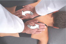<ul><li><p>pt. prone</p></li><li><p>stand on opp. side of rotation</p></li><li><p>caudad thenar eminence on post. contralateral transverse process w/ fingers facing sup. (cephalad hand opp. for SB)</p></li><li><p>take up SB + AP slack w/ exhalation</p></li><li><p>short + quick thrust @ end of exhalation in direction of fingers </p><ul><li><p>greater pressure on post. transverse process</p></li></ul></li></ul><p></p>