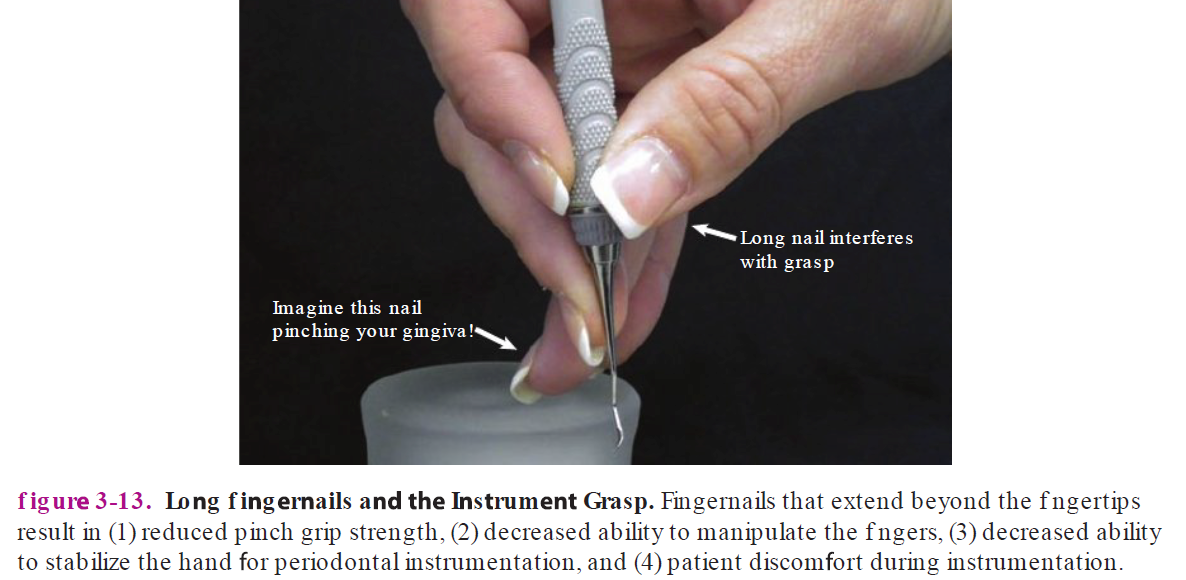 <ul><li><p>Any fingernail length beyond fingertip = decrease pinch grip strength </p></li><li><p>1—2 cm past = decrease in flexion of finger joints (metacarpophalangeal joints)</p></li><li><p>Long fingernails = can’t stabilize dominant hand in patient’s mouth & may pinch patient’s oral cavity </p></li></ul><p></p>