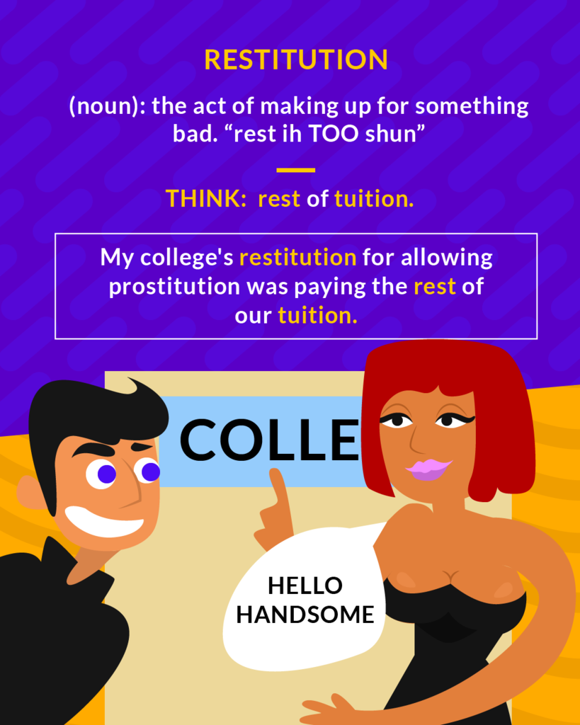 <p>(n.) the act of restoring someone or something to the rightful owner or to a former state or position; making good on a loss or damage</p><p>(noun) compensation or payment made to make up for a loss, damage, or wrongdoing.</p>