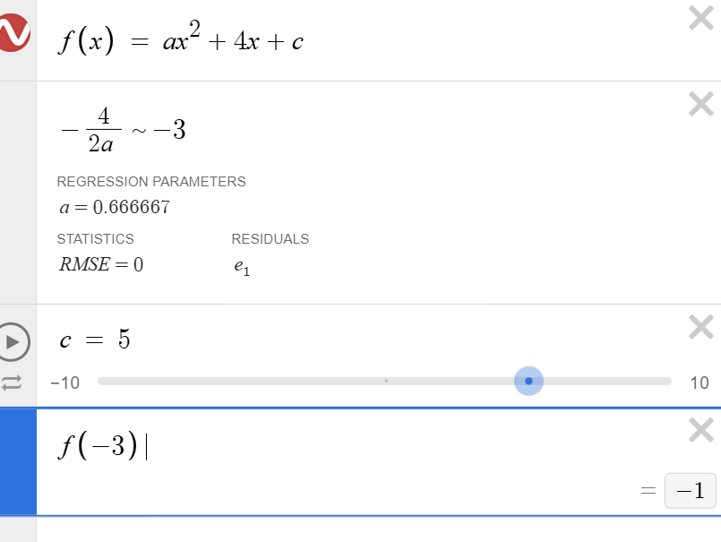 <ul><li><p>Since f(-9) = f(3, then these are x intercepts, and you can find the vertex thorugh <br>(-9+3)/2 = -3</p></li><li><p>Since the formula for the x value of the vertex = -b/2a, then <br>-4/2a ~ -3</p></li><li><p>You can use regression to find the value of a</p></li><li><p>When you find the value of a using regresssion, see if II is right; it is NOT </p></li><li><p>To test if c < 0, set c to an arbitrary number that is bigger than 0; then, set f(x) to the vertex, and see the y value is < 0 </p><ul><li><p> f(-3) = -2.2; so even though when c > 0, k is still < 0, so I is not necessarily true </p></li></ul></li></ul><p></p>