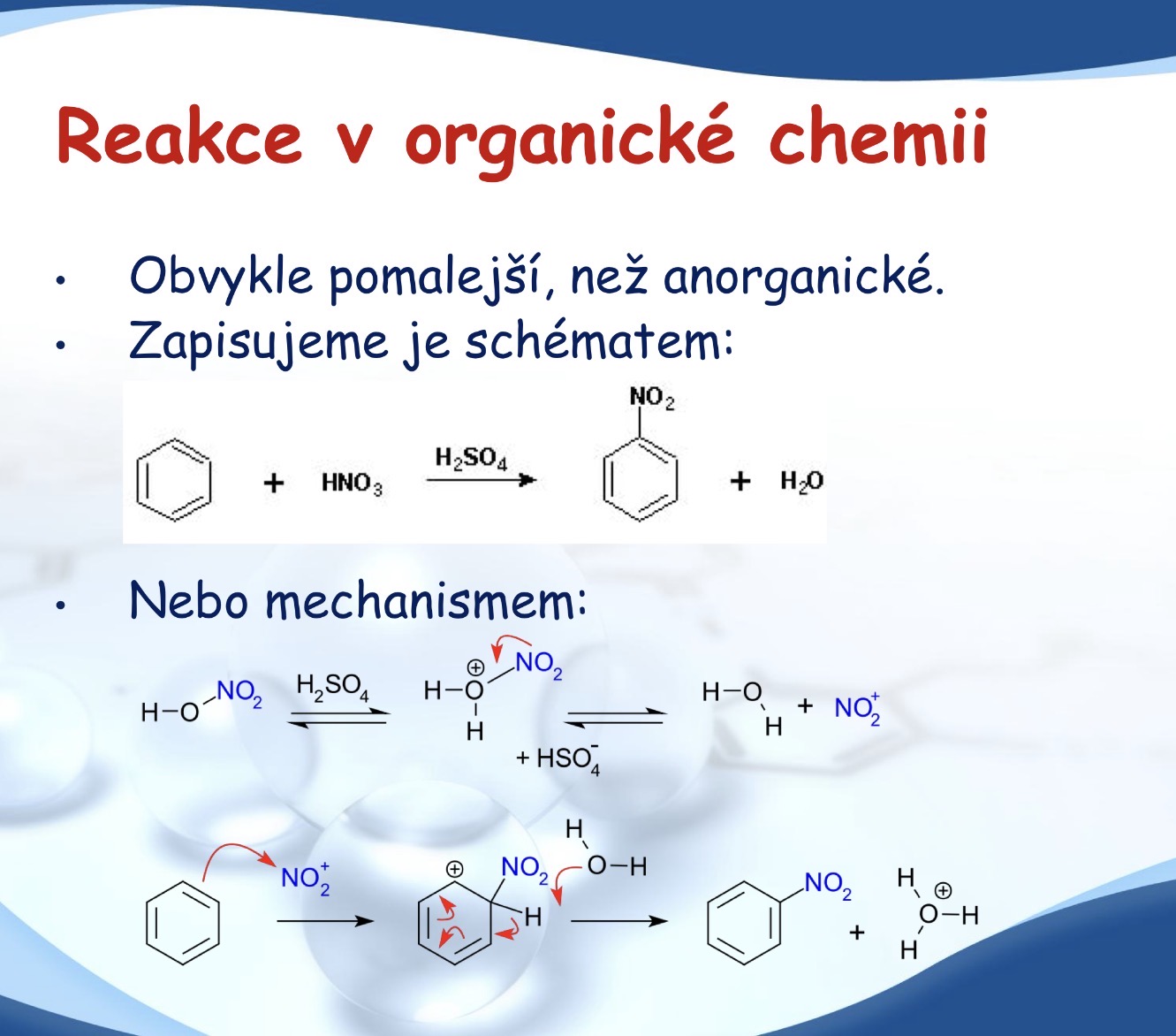 <p>Obvykle pomalejší než anorganické a zapisujeme schématem nebo mechanismem (krok za krokem )</p>