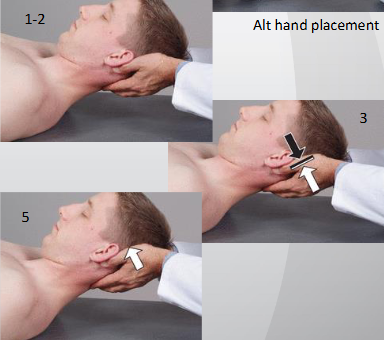 <ul><li><p>flex neck to barrier</p></li><li><p>pt. extend head w/ equal force</p></li></ul><p></p>