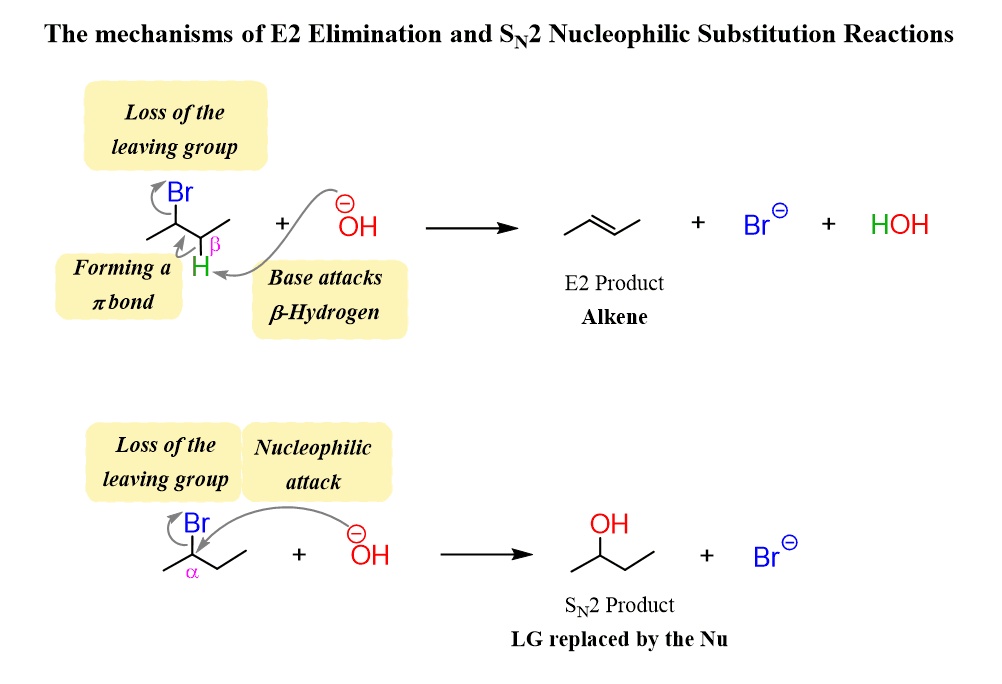 <p><strong>elimination reaction</strong> where a molecule <strong>loses two atoms (usually H and a leaving group like Br or Cl) at the same time</strong>, forming a <strong>double bond (alkene)</strong>.</p><p>For an E2 reaction, you need a strong base and a good leaving group</p><p>E2 = Elimination + 2 things leave + One step</p><p>No intermediate, no carbocation</p><ol><li><p>Base grabs a hydrogen</p></li><li><p>As hydrogen leaves, C-H bond electrons move to make double bond</p></li><li><p>At the same time, Br leaves, everything happens at the same time</p></li></ol><p></p>