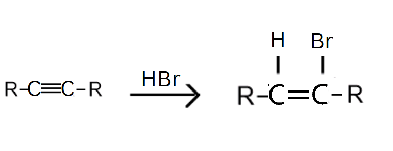 <p>Product: Triple bond becomes a double bond (Alkene) and H and Br are added.</p>