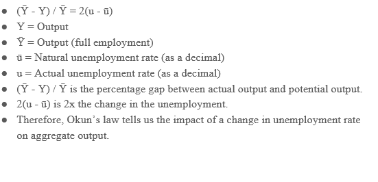 <p>measures the impact of a change in output on unemployment</p><ul><li><p>the %gap between full employment (Y bar) and the actual output (real GDP, Y) is 2 times the cyclical unemployment rate</p></li></ul><p></p>