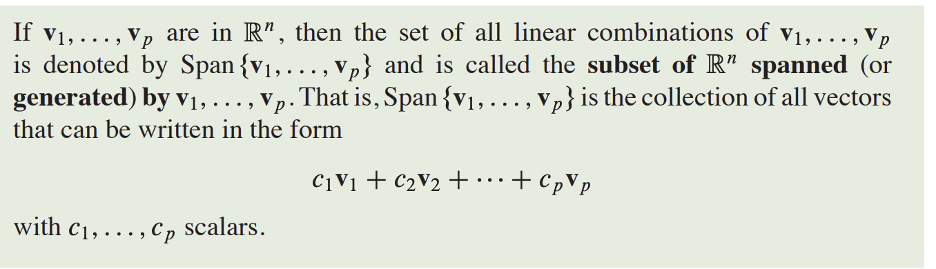 <p>the span of V is all of the vectors that can be made out of linear combinations from a matrix</p>
