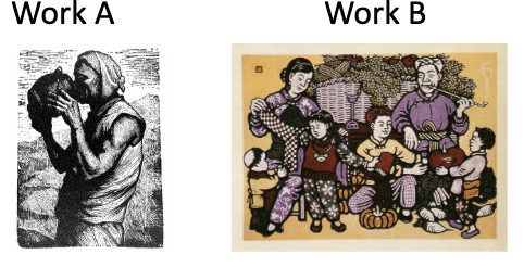 <p><span style="background-color: transparent;">Identify the medium of work A and explain why this medium was considered new in modern China. After the 1942 Yan’an talks, what caused left-wing printmakers to switch to creating works in style B?</span></p>