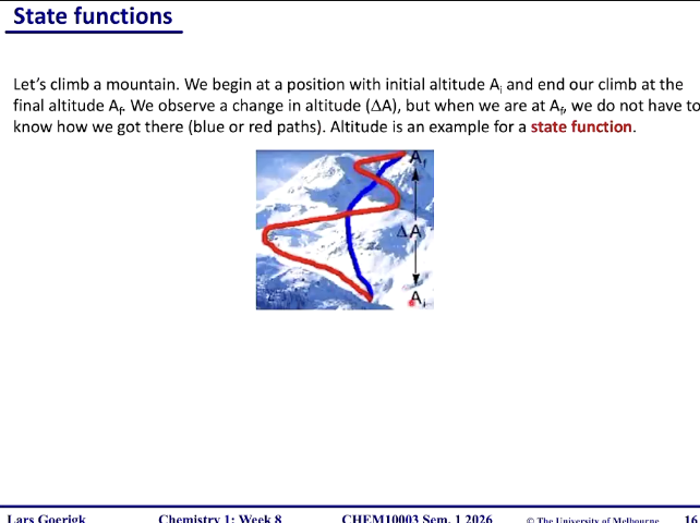 <p>we only know final end result not how we got to end result</p><ul><li><p>eg. internal energy (U)</p></li></ul><p></p>
