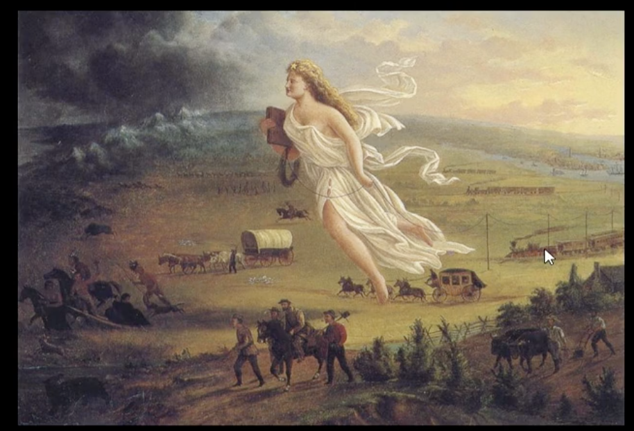 <p><span>Manifest Destiny was the 19th</span><br><span>century American belief that the</span><br><span>pioneers/settlers were destined to</span><br><span>expand across the North American</span><br><span>continent, from the Atlantic</span><br><span>Seaboard to the Pacific ocean.</span><br><span>Advocates of Manifest Destiny</span><br><span>believed "that Expansionism was</span><br><span>not only wise but that it was readily</span><br><span>apparent (manifest) and</span><br><span>unavoidable (destiny)."</span><br><span>American expansionism was</span><br><span>promoted by John L. O'Sullivan in</span><br><span>an essay which first used the</span><br><span>phrase Manifest Destiny. In 1845,</span><br><span>he published a piece entitled</span><br><span>Annexation : in it he wrote it is "our</span><br><span>manifest destiny to overspread the</span><br><span>continent"</span></p><p><span>"This painting (circa 1872)<br>called American Progress,<br>is an allegorical<br>representation of the<br>modernization of the new<br>west.<br>The female represents the<br>United States, leading<br>civilization westward with<br>American settlers,<br>stringing telegraph wire as<br>she travels; and she holds<br>a school book.<br>The different economic<br>activities of the pioneers<br>are highlighted and,<br>especially, the changing<br>forms of transportation."</span></p>