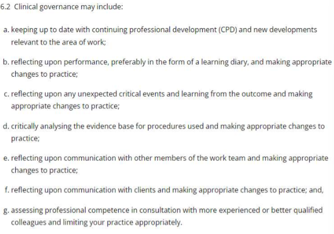 <ul><li><p>Maintain high standards of care</p></li><li><p>Work within competence</p></li><li><p>Engage in CPD</p></li><li><p>Prioritize animal welfare</p></li><li><p>Honest and accountable</p></li></ul><p></p>
