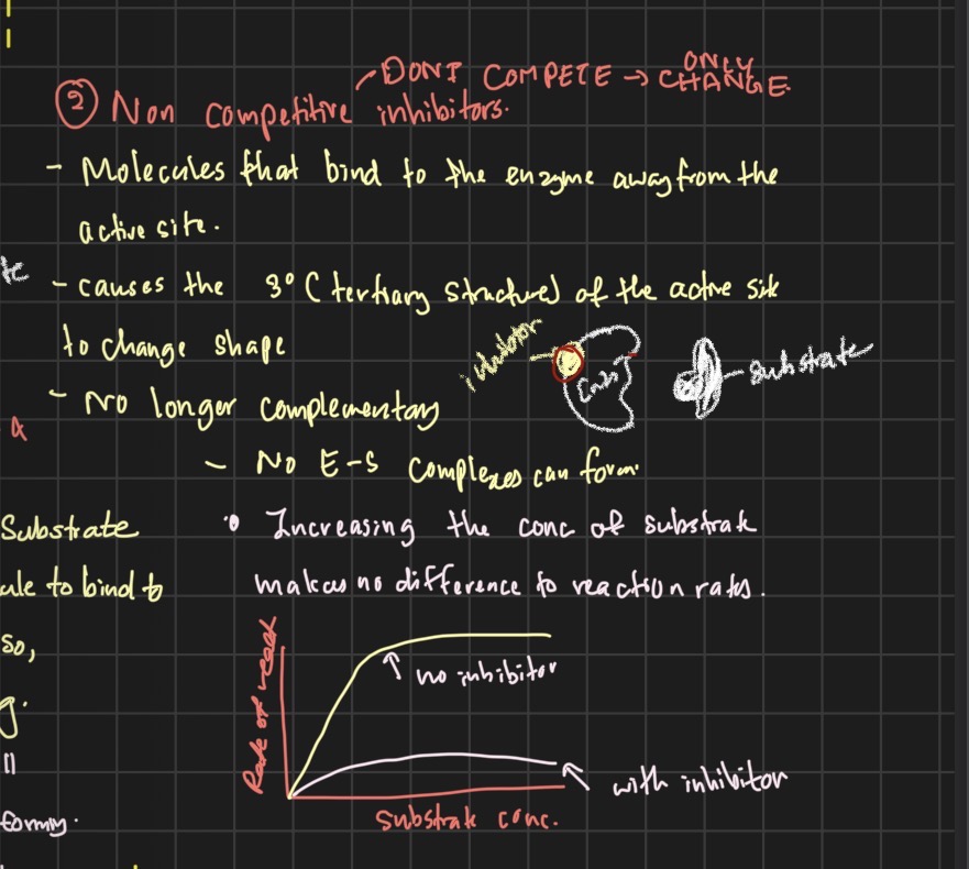 <p>Binds to the enzyme away from the active site and chnages the tertiary structure of the active site so the substrate wont fit to the active site anymore, reducing he amount of e-z complexes formed. </p>