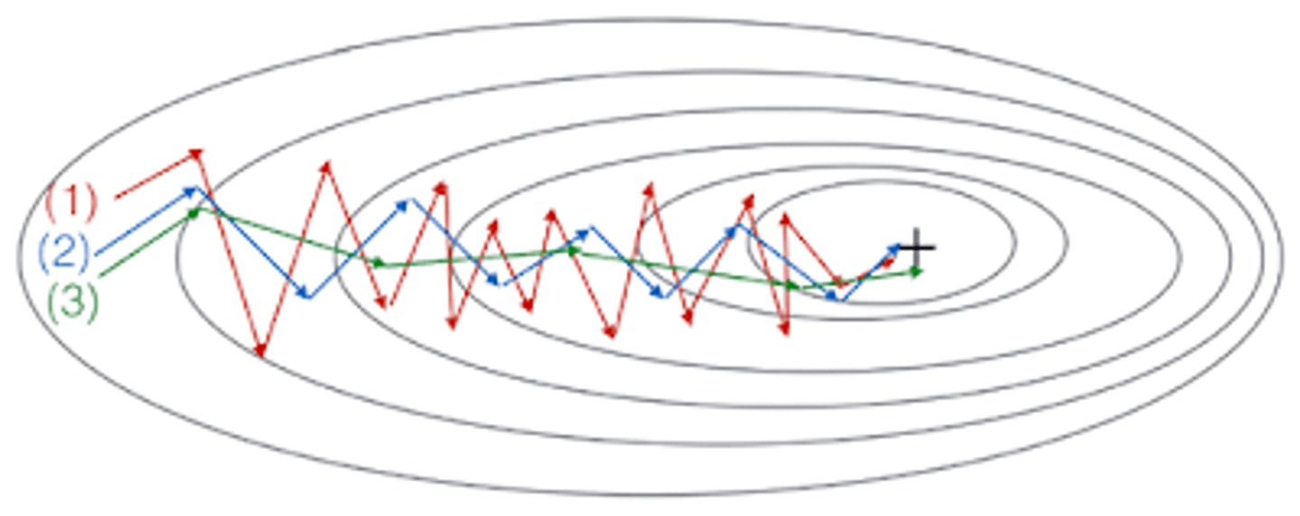 <p>These plots were generated with gradient descent; with gradient descent with momentum ($\beta = 0.5$) and gradient descent with momentum ($\beta = 0.9$). Which curve corresponds to which algorithm?</p><p>A: (1) is gradient descent. (2) is gradient descent with momentum (large $\beta$) . (3) is gradient descent with momentum (small $\beta$)</p><p>B: (1) is gradient descent. (2) is gradient descent with momentum (small $\beta$). (3) is gradient descent with momentum (large $\beta$)</p><p>C: (1) is gradient descent with momentum (small $\beta$). (2) is gradient descent. (3) is gradient descent with momentum (large $\beta$)</p><p>D: (1) is gradient descent with momentum (small $\beta$), (2) is gradient descent with momentum (small $\beta$), (3) is gradient descent</p>