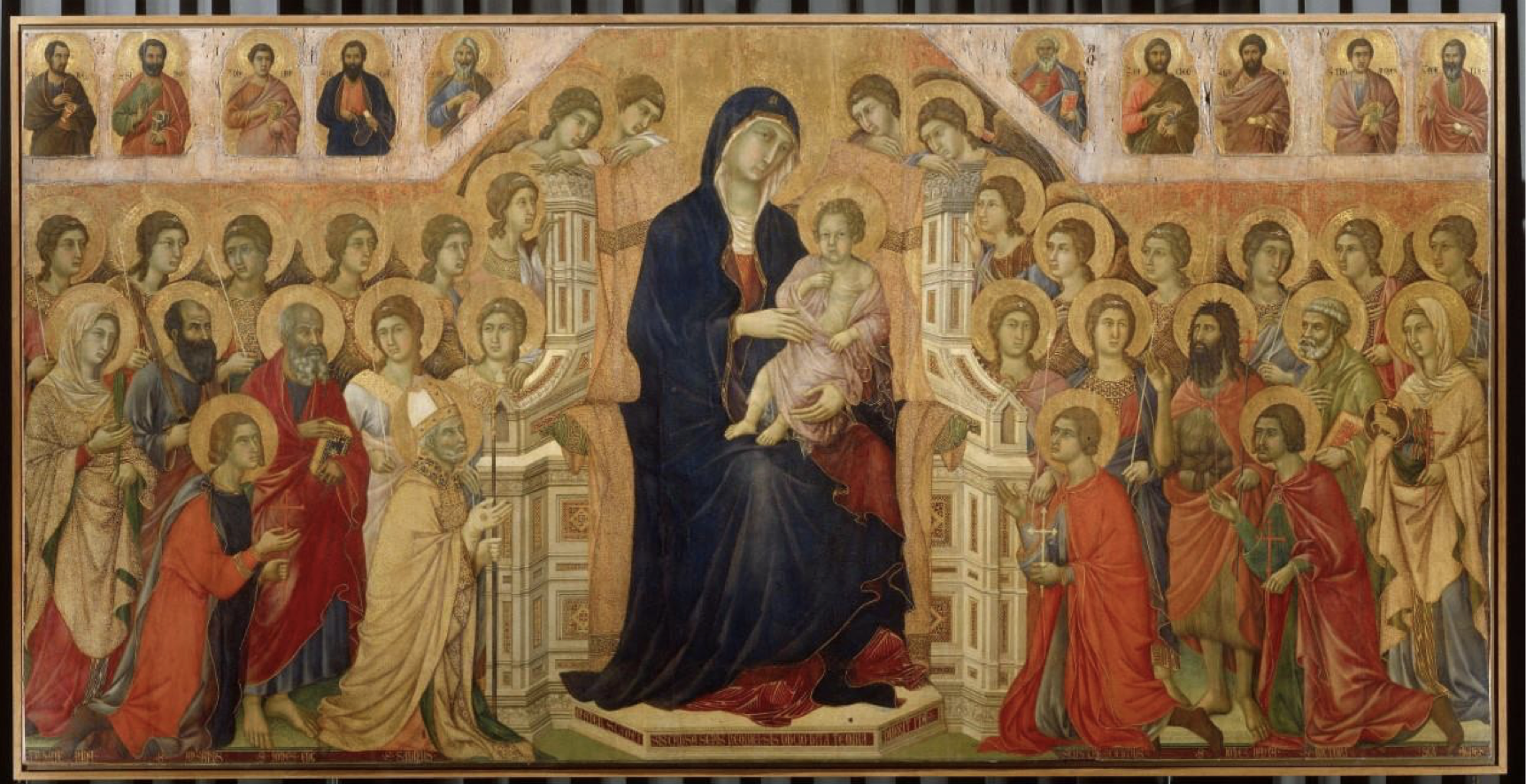 <p>Duccio di Buoninsegna, Madonna Enthroned from the Maestà altarpiece, tempera on panel, 1308-11, Sienese saints: Ansansus, Savinus, Crescentius, Victor, Saints left to right: Catherine of Alexandria, Paul, John the Evangelist, John the Baptist, Peter, Agnes</p>