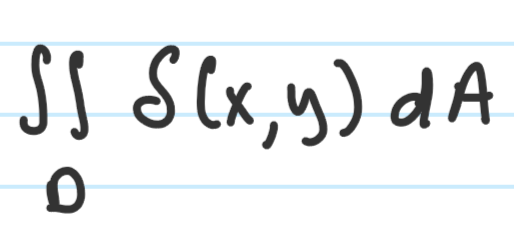 <p>Integrating mass-density function gives you mass<br><br><em>NOTE:<br>IF a region has constant density at every point, then mass = density function </em>*<em> area </em></p><p></p>