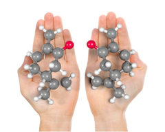 <p>one or two compounds that are mirror images of each other and that differ in shape due to the presence of an asymmetric carbon. (mirror image)</p>