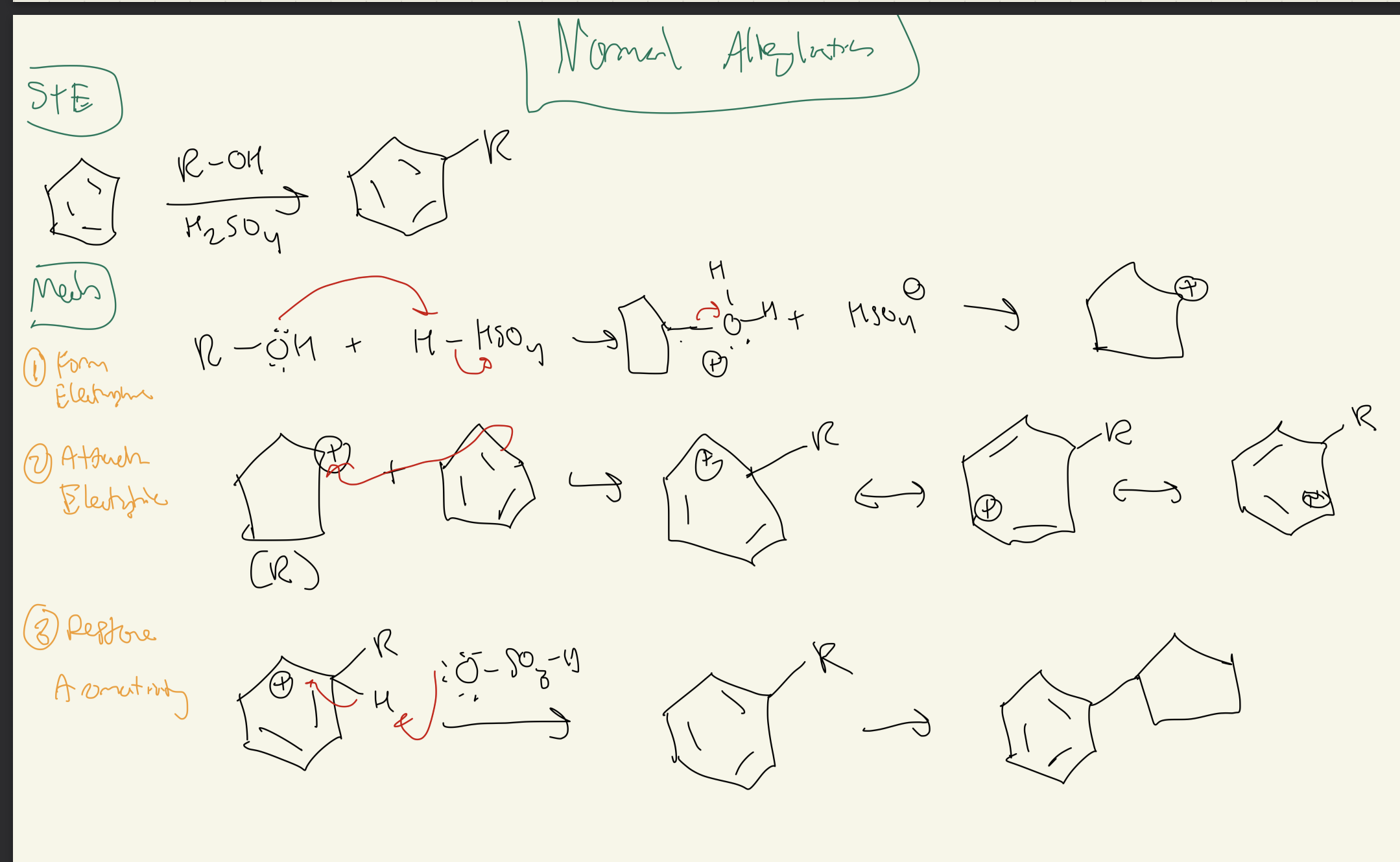 <p><strong>Benzene →<u> Alkylation</u></strong></p><p>1) Form Electrophile</p><p>2) Attack Electrophile:</p><p>3) Restore Aromaticity</p>