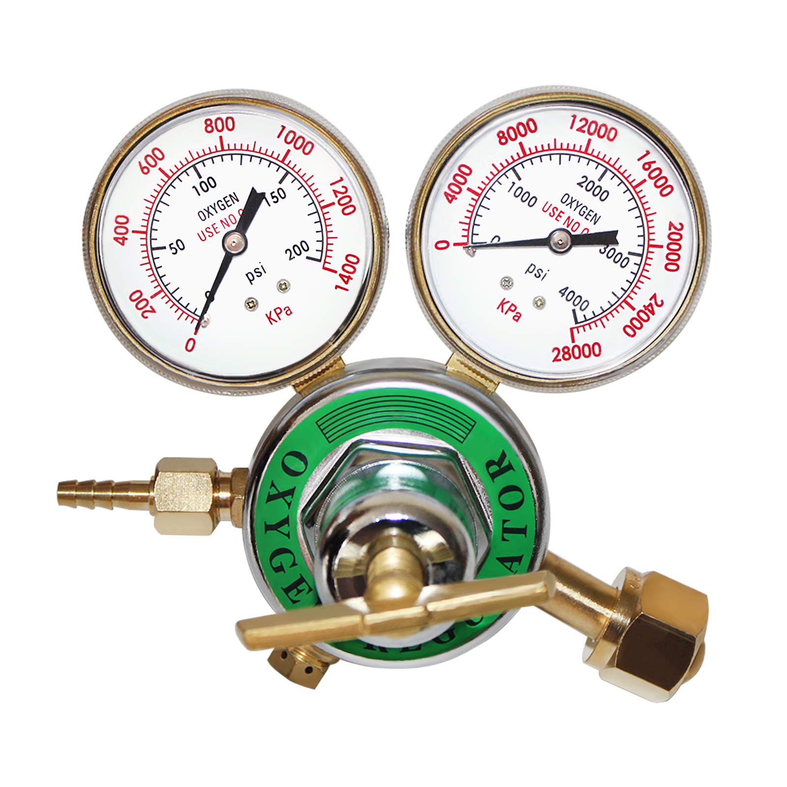 <p>Two-stage pressure regulator to control oxygen flow from cylinder to torch, featuring right-hand threaded hose connections.</p>