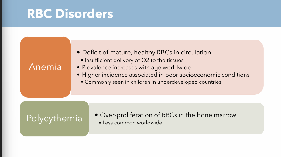<ul><li><p>Deficit of mature, healthy RBCs in circulation</p></li><li><p>Insufficient delivery of O2 to the tissues</p></li></ul><p></p>