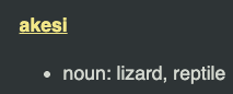 <p>Ex: <strong>akesi</strong> li moku e pipi. <strong>The lizard</strong> eats the bug. </p>