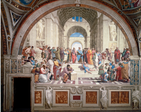<p>Raphael, 1502-11</p><p>-the celebration of human knowledge, classical learning, and perfectly organized space.</p><p>-It represents a gathering of the greatest minds of philosophy, science, and mathematics. This reflects Renaissance admiration for ancient Greek and Roman intellectual culture.</p><p>-The peak of High Renaissance art and perspective</p><p>-A celebration of human reason and classical learning</p>