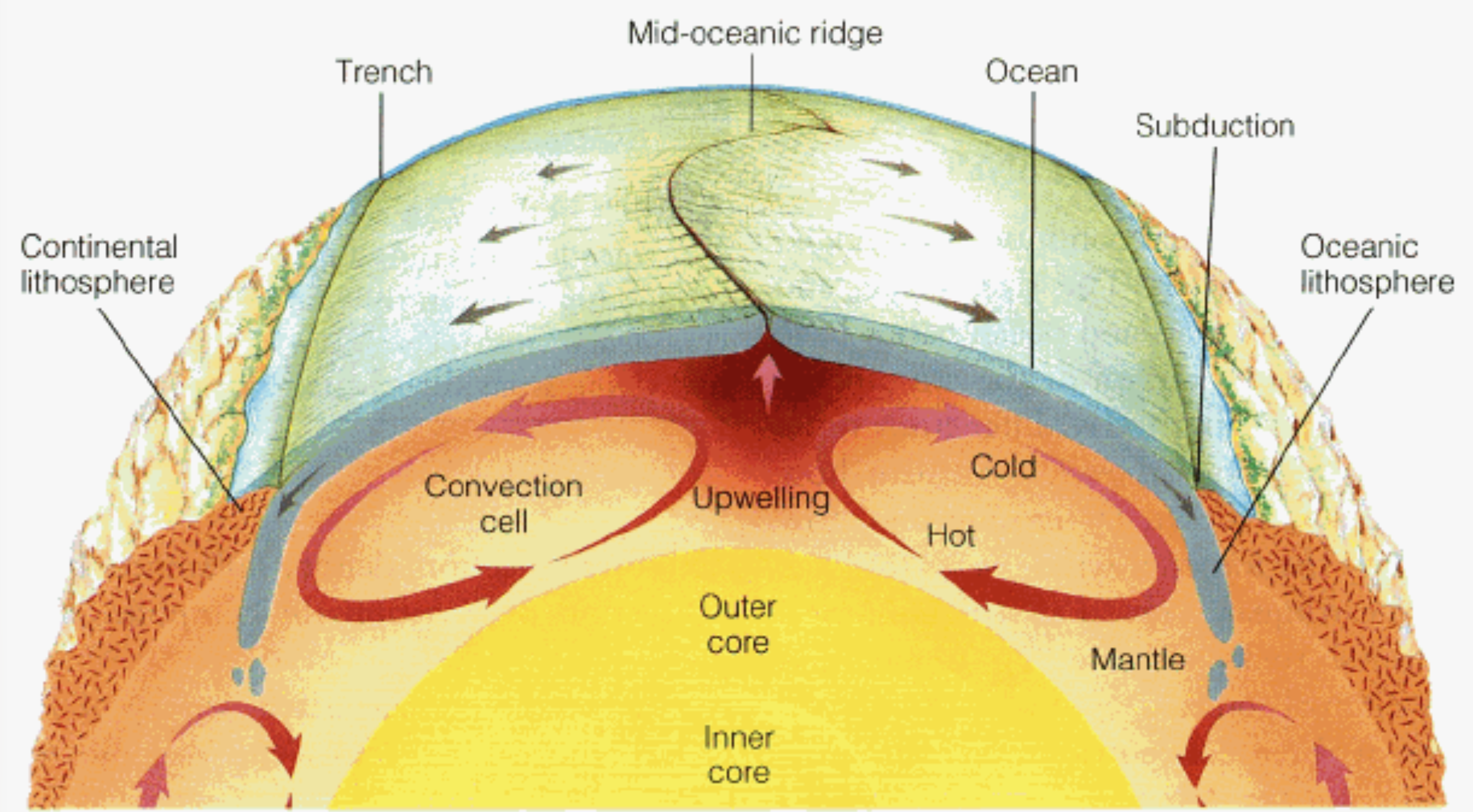 <p><span style="background-color: transparent; font-family: "Lucida Sans", sans-serif;">Convection brings mantle rock towards the surface. Moving to shallower depths, undergoing decompression melting that moves magma upward through fractured lithosphere</span></p>