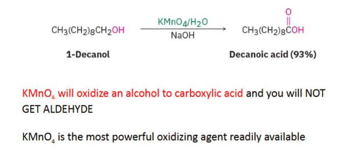 <p>One of the strongest oxidizing agents used. Primary alcohol into Carboxylic acid NOT aldehyde.</p><p>The aldehyde is immediately oxidized again. Secondary alcohol into ketone, and tertiary alcohol no rxn.</p>